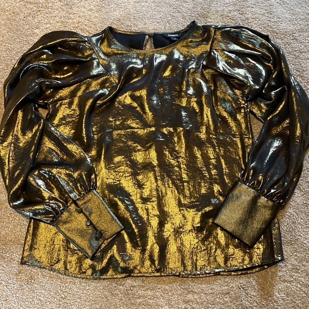 Express Gold Metallic Puff Sleeve Button Cuff Blouse Size SMALL